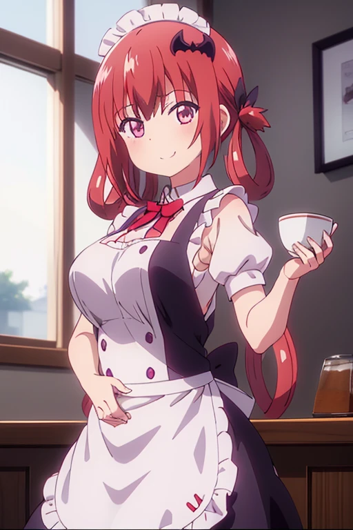 (high quality、masterpiece)、One Girl、anime、ultra hi resolution picture、Depth of written boundary、smile、cute、View your viewers、Coffee shop、whole body、Big Breasts、Satanichia Kurumizawa Mcdowell、Maid clothes
