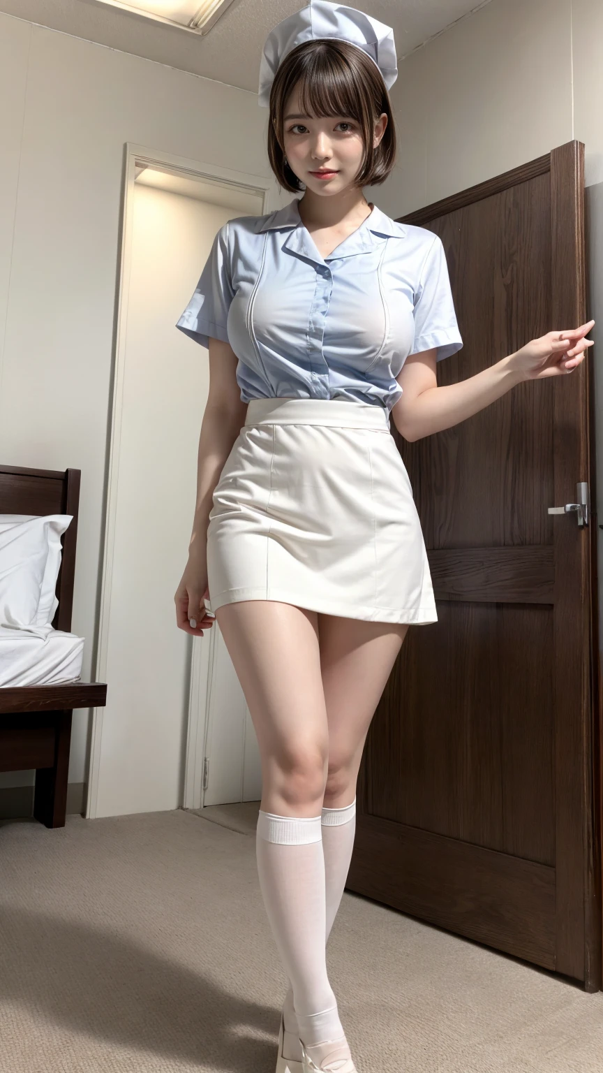 masterpiece, best quality, illustration, Super detailed, fine details, High resolution, 8K,wall paper, perfect dynamic composition,(Details High quality, realistic depiction of eyes:1.3), Hospital Rooms、White nurse cap、White tights、White nurse uniform、standing、Hand skirt、Flipping up a white skirt, large breasts,short bob hair, black hair color, Big Natural Color Lip, bold sexy pose, crying a little、20 year old girl、cute type、beautiful legs, hposing Gravure Idol