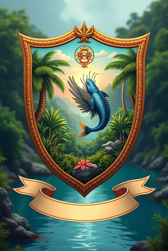 Coat of arms of a flag in the shape of a shield, with river,Pisces, bird, palm tree, banana tree and farms. With a stripe underneath, to write something!