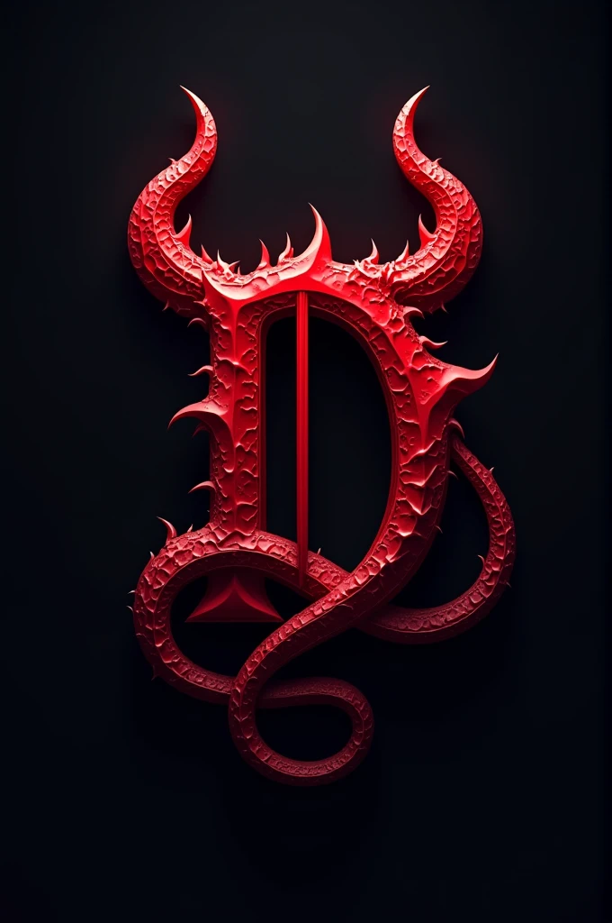 (logo design) evil logo, a striking red letter D, adorned with sharp, menacing demon horns, and a sinuous tail extending from the base, dynamic and bold, emphasizing a dark theme, glossy finish, intricate details, high-resolution, creating an impression of malevolence and power, suitable for a gaming or dark fantasy brand.