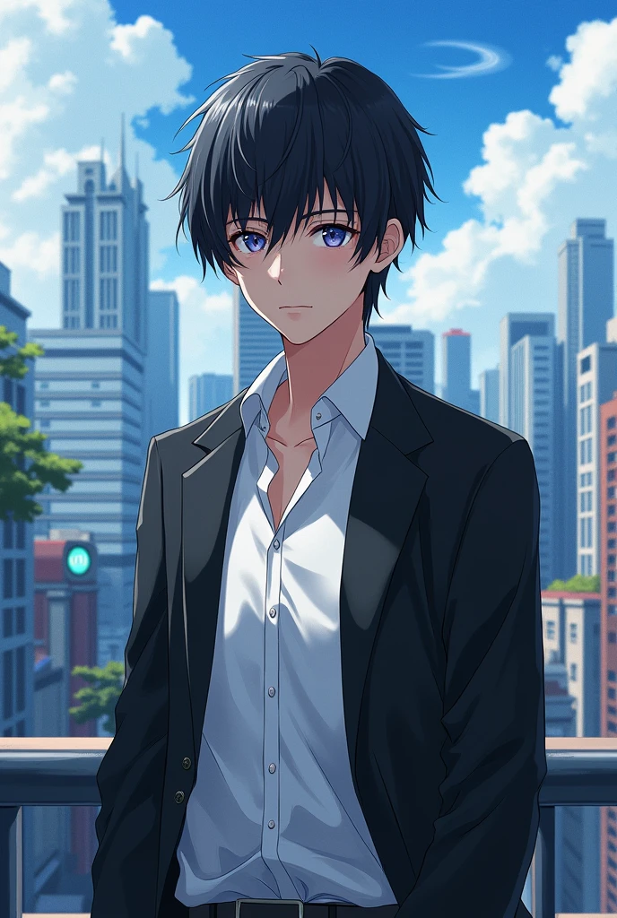 Anime style boy with straight black hair, black open coat with white shirt, city in the background