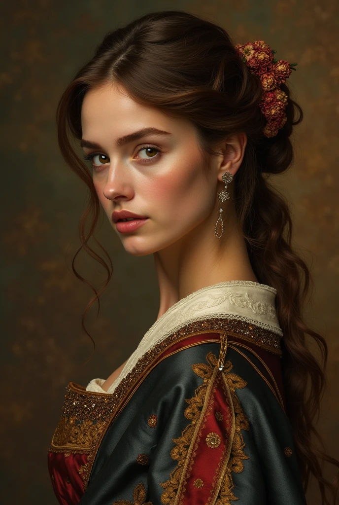create a woman with a renaissance figure with her husband on the side with warm backgrounds  