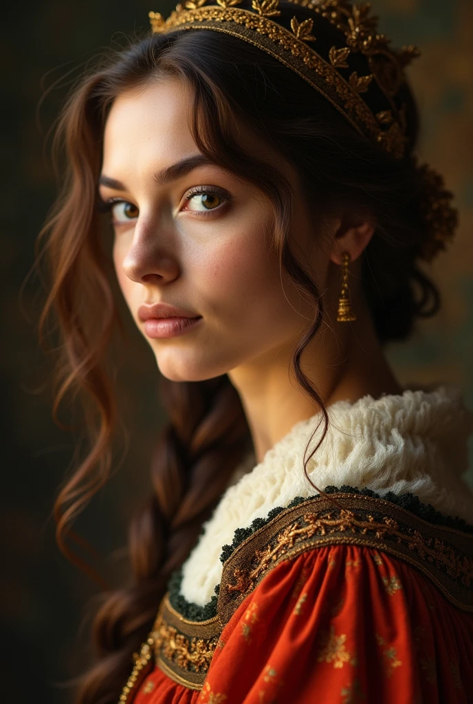 create a woman with a renaissance figure with her husband on the side with warm backgrounds