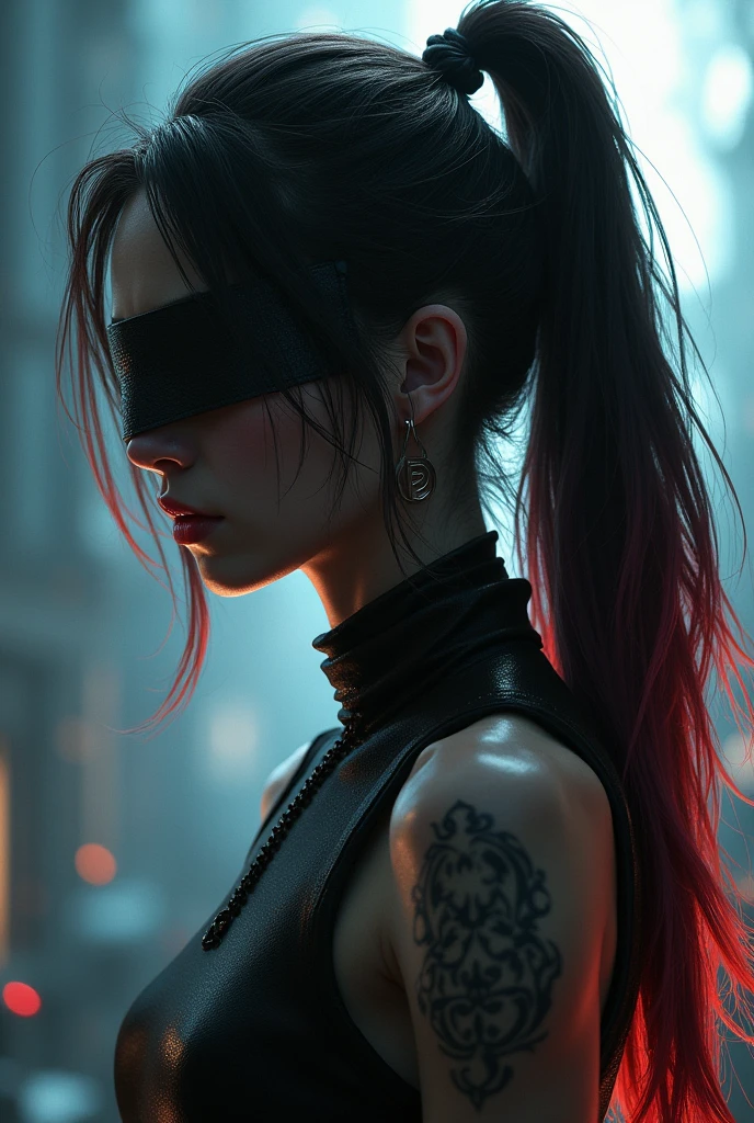 Create a free fire themed photo with just one player and a band over her eyes. and a ponytail of hair