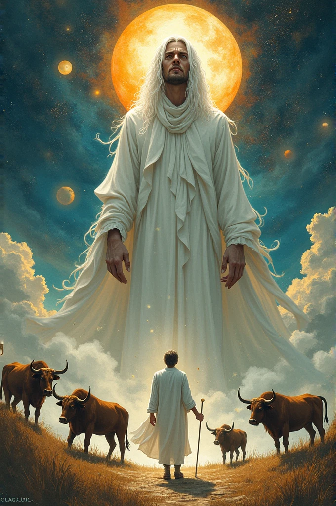 Create an illustration from the following poem : My pain was so high, that the door of the house from which I left crying reached my waist.
How small the men who were with me seemed! I grew like a tall flame of white cloth and hair.
Yes, up on my forehead the brave bulls would go out in mourning in disorder, insane, against human bodies.
My pain was so high that I looked at the other world above the sunsets.