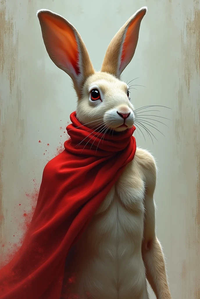 Generate a rabbit her eyes cover with red clothe and her solder flux and attitude mood
