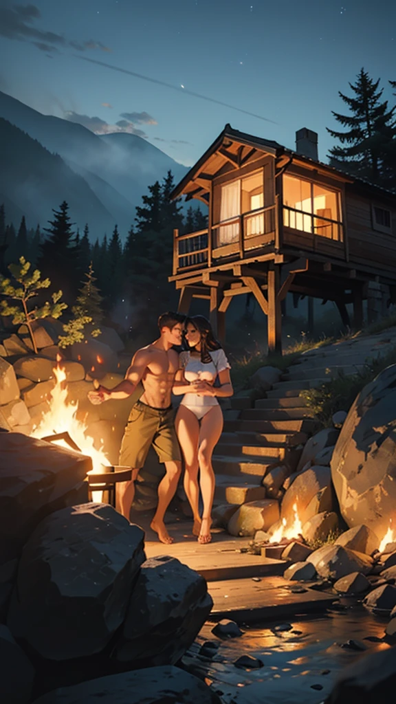 A couple is romancing across the camp on the mountain. The women are without clothes and have big curvy hips. It is night and a fire is burning.