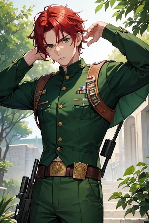 man in his 30s, Mexican, slim build, open muscles, military uniform, green vest, military print, green pants, red hair, military cut, green eyes, skin, tattoo, holding a gun