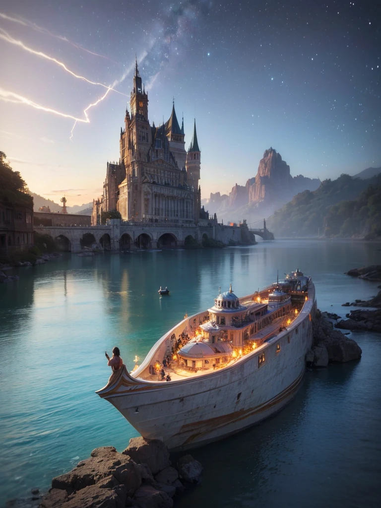 (8k, highest quality, masterpiece, final fantasy style: 1.2), (unRealistic, photoRealistic: 1.37), Dreamy landscape, Fantasy, Unsurreal landscapes, Super detailed, Flying Castle, Floating Island in the Sky, Seven-colored swirl of light, Intense lightning, milky way, Complex Light, Colored light, Large Lake, Starry sky reflected on the lake surface, Countless shining stars, Meteors,  Reflections , (A pillar of light emanated from the ground:1,2), roses and orchids gardens , sunset, pink clouds, waterfalls in the sky, realistic style, Hyperrealism drawing, a flying pirate spaceship floating at the clouds level, burning skyscrapers, cyborgs, timeless realms, stunning  princess  , floating hair, pink lipstick, cute, naked shoulders ,  casting spell, healing light magic effect, in a magical lagoon of the fairyland, crystal clear water surface reflections, sharp focus, looking at viewer, (close-up:0.9), (bright white theme:1.2), (bright white tone:1.2), (deep blue tone:1.3), realistic, Hyperrealism,
