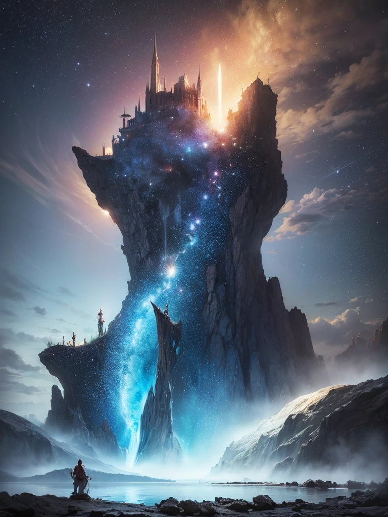 (8k, highest quality, masterpiece, final fantasy style: 1.2), (unRealistic, photoRealistic: 1.37), Dreamy landscape, Fantasy, Unsurreal landscapes, Super detailed, Flying Castle, Floating Island in the Sky, Seven-colored swirl of light, Intense lightning, milky way, Complex Light, Colored light, Large Lake, Starry sky reflected on the lake surface, Countless shining stars, Meteors,  Reflections , (A pillar of light emanated from the ground:1,2), roses and orchids gardens , sunset, pink clouds, waterfalls in the sky, realistic style, Hyperrealism drawing, a flying pirate spaceship floating at the clouds level, burning skyscrapers, cyborgs, timeless realms, stunning  princess  , floating hair, pink lipstick, cute, naked shoulders ,  casting spell, healing light magic effect, in a magical lagoon of the fairyland, crystal clear water surface reflections, sharp focus, looking at viewer, (close-up:0.9), (bright white theme:1.2), (bright white tone:1.2), (deep blue tone:1.3), realistic, Hyperrealism,
