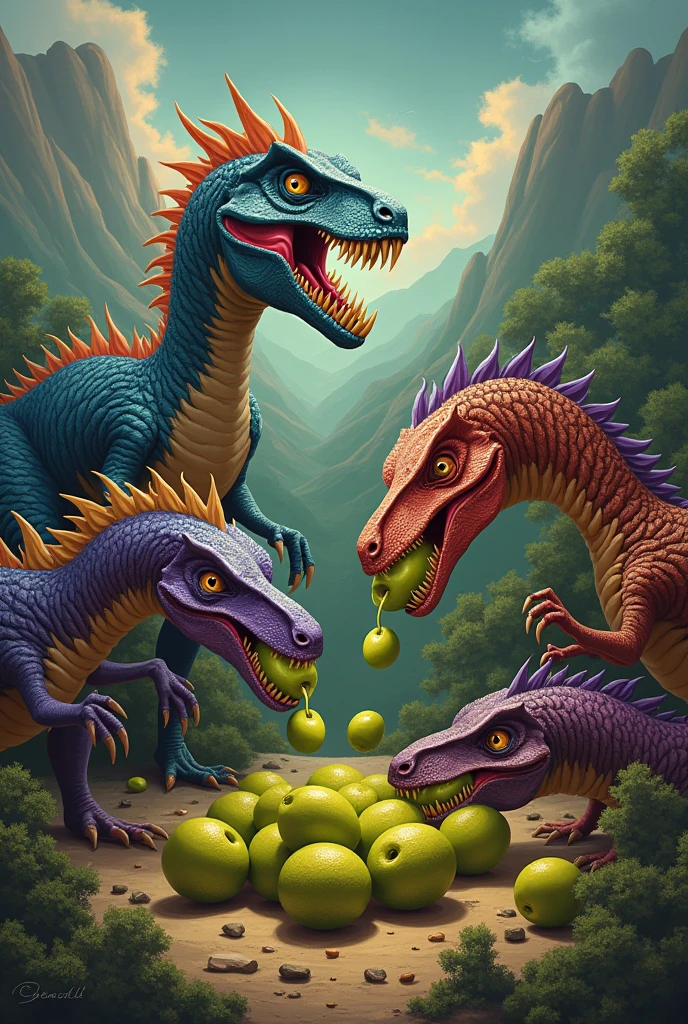 nails with dinosaurs eating olives with a dragon