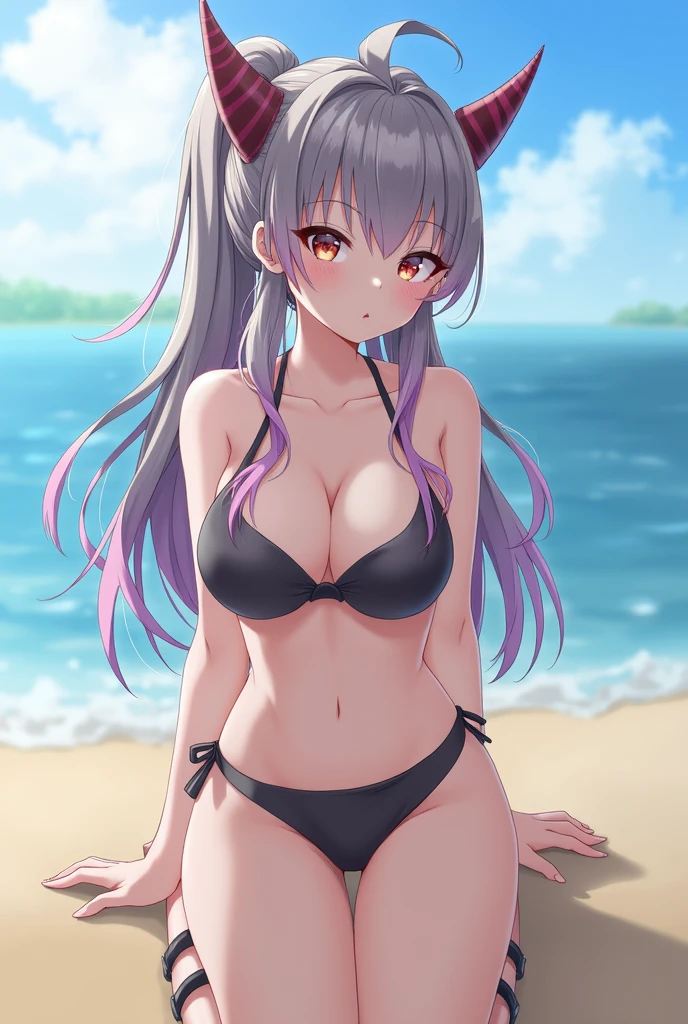(best quality,absurd res:1.3),(illustration:1.1),perfect lighting,beautiful face,1girl,looking at viewer,(bokeh photography:1.2),own hugging feet,seaside,black bikini,
aapatra, long hair, multicolored hair, horns, cone hair bun, pointy ears, large breasts, cleavage,