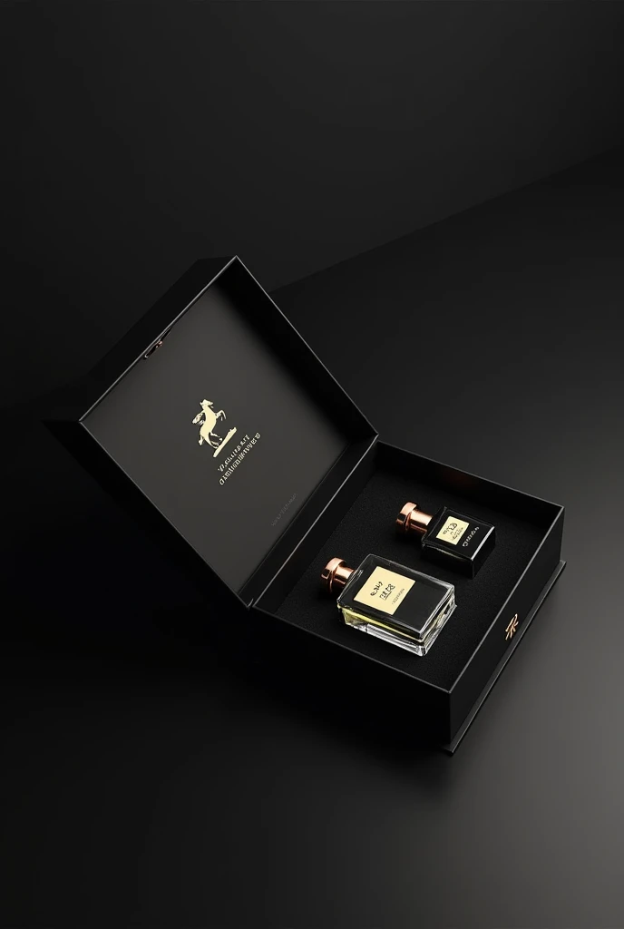 I want a branded box for my perfume a simple black box with space for perfume and a small bottle of (atarr) and my perfume name ghaznawe and logo is horse and ma brand name is zr may you understand my say please make sure the atar is too small like 50ml make sure only one 500ml perfume and 50ml atarr the atarr is far more small bottle of 30ml