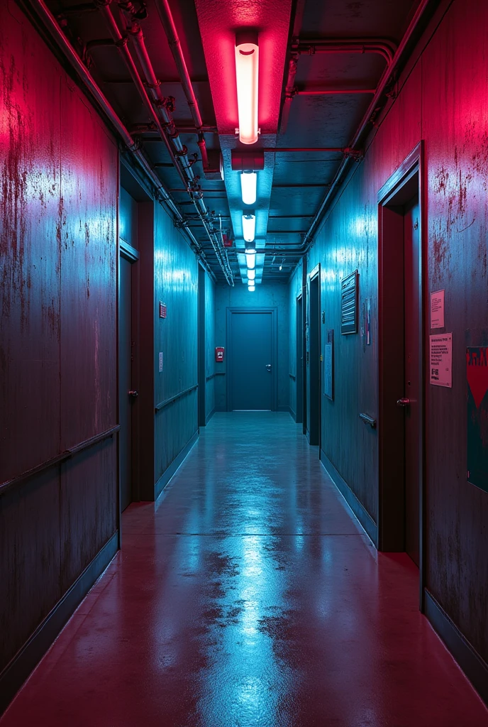 A hallway in a cyberpunk style building