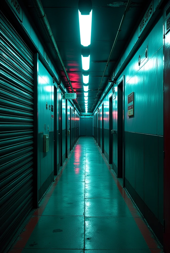 A hallway in a cyberpunk style building