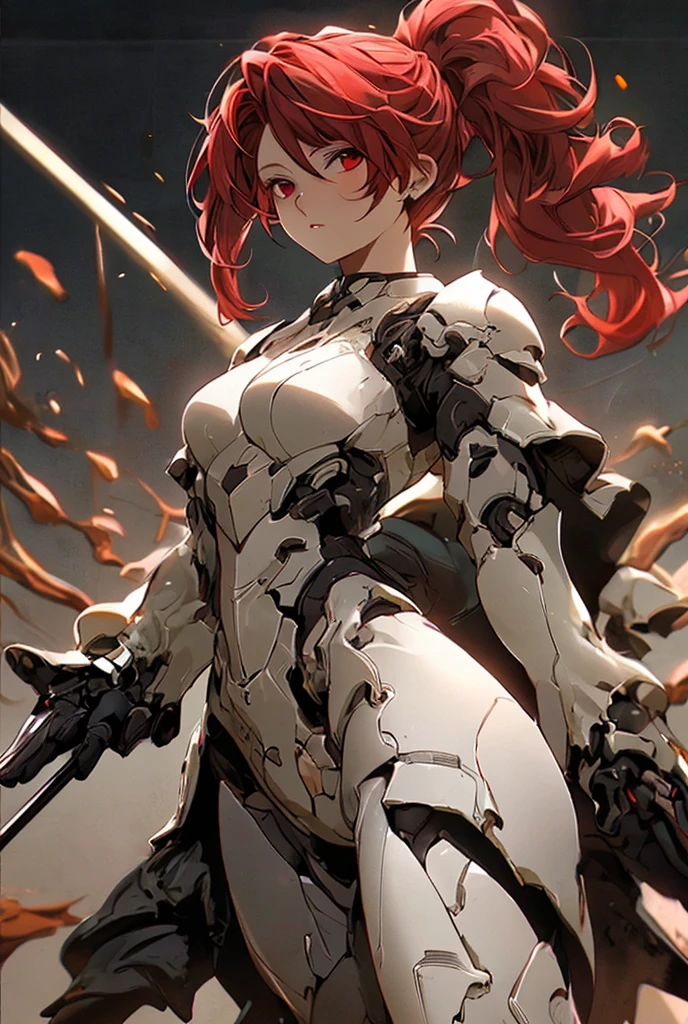((best quality)), ((Masterpiece)), (details:1.4), 3d, HDR (high dynamic range), mature woman, เหมือนจริง, High Ponytails, Red hair, Red eyes, จมูกโด่ง, ปากแดง PBR surface, After processing, Anisotropic filtration,depth of field, Maximum clarity and clarity, multi-layered surface, perfect proportions, 8K raw files, holy paladin, Heavy Black armor, Fierce, ในโบสถ์, หมวกพาลาดิน