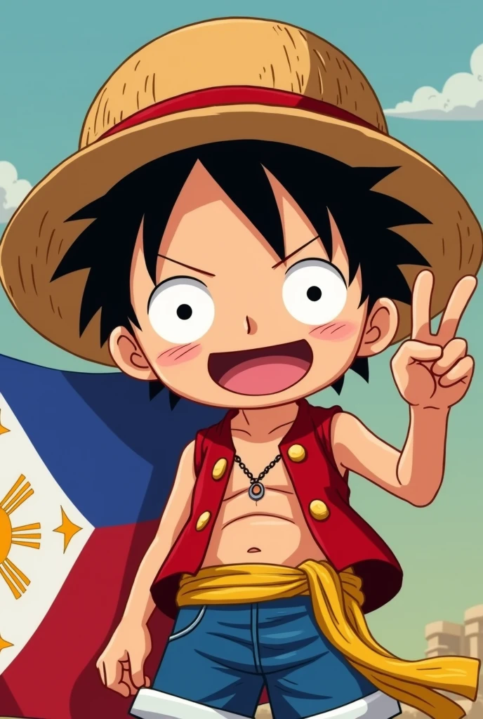 baby Luffy with a peace sign and Wearing Philippine flag with a peace sign