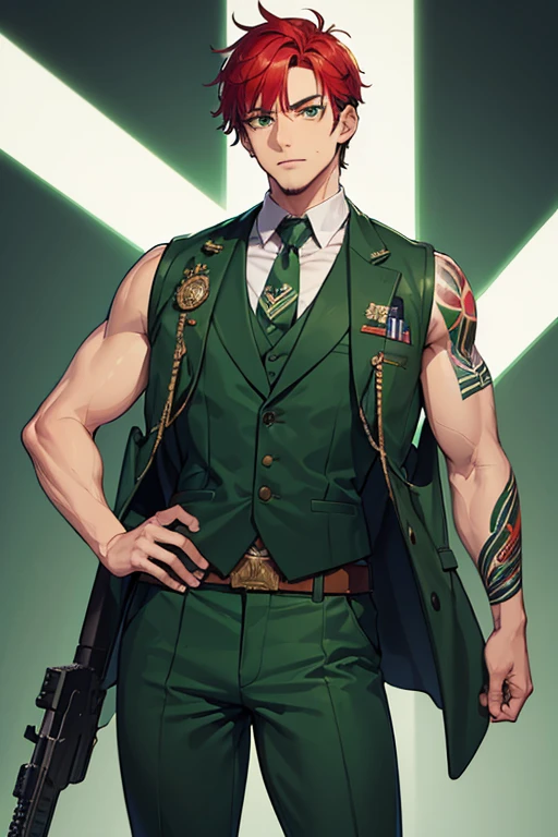 man in his 30s, Mexican, slim build, open muscles, military uniform, green vest, military print, green pants, red hair, military cut, green eyes, skin, tattoo, holding a gun