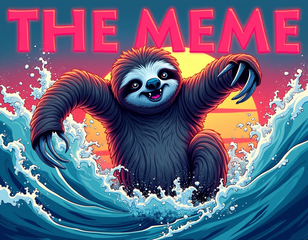 THE MEME message "seaart infinity", action-packed digital illustration of a sloth in an intense, high-energy pose, vibrant colors reminiscent of vaporwave aesthetics, surreal ocean elements floating in the background, comic book-style motion lines, bold text overlay with "seaart infinity" message, meme-inspired composition with exaggerated features, internet art style popularized on social media platforms, high contrast and saturated hues typical of viral image macros.