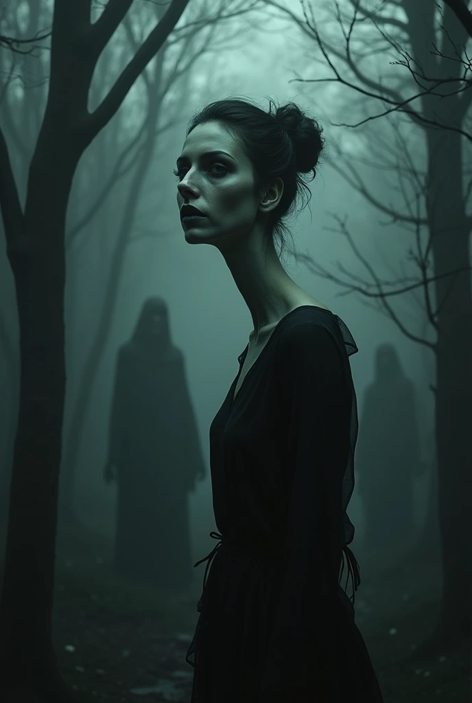 A two meter long crooked neck of a lady with dark eyes and a triangle empty dark mouth. She is in a dark forest surrounded by shadowed figures