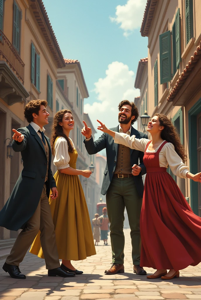 Four people are laughing and pointing in the street in olden times