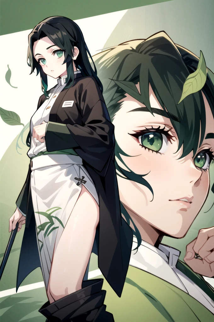 Masculine man with long black hair,light green eyes ,He wears a green haori with a leaf print.,pale skin, He wears a demon hunter uniform (design same as kimetsu no yaiba)