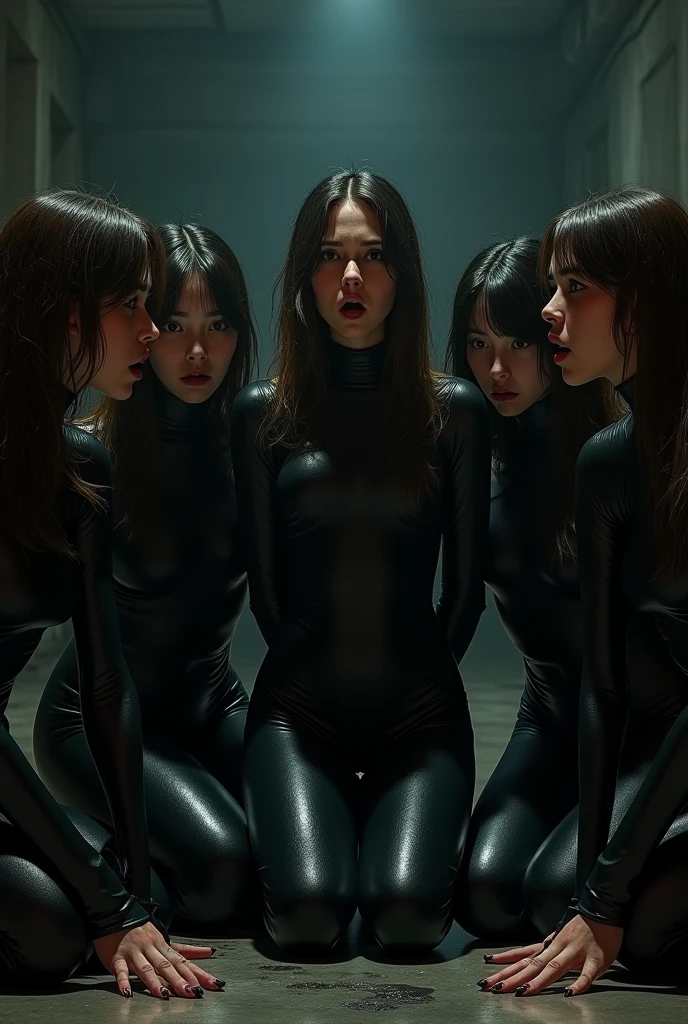 5 girls in latex bodysuits, on knees, scared
