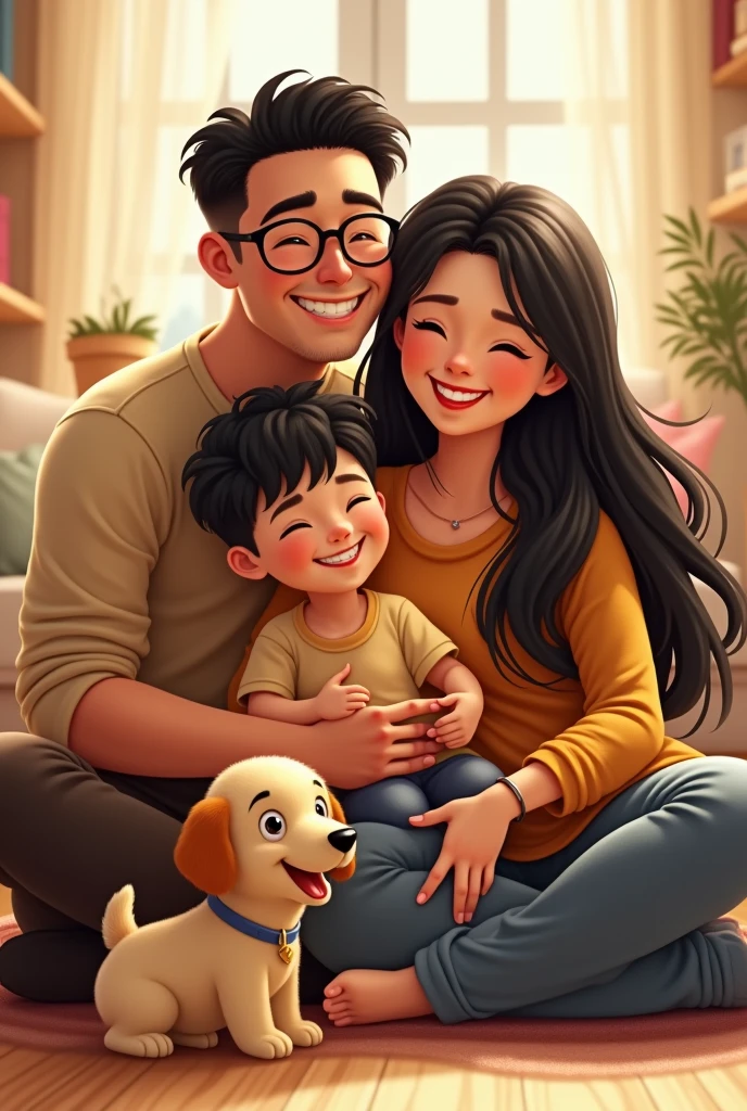 Smiling mother with long black hair chubby next to her black haired husband with glasses smiling on her lap to her smiling happy black haired son and on the floor her little dog sambita