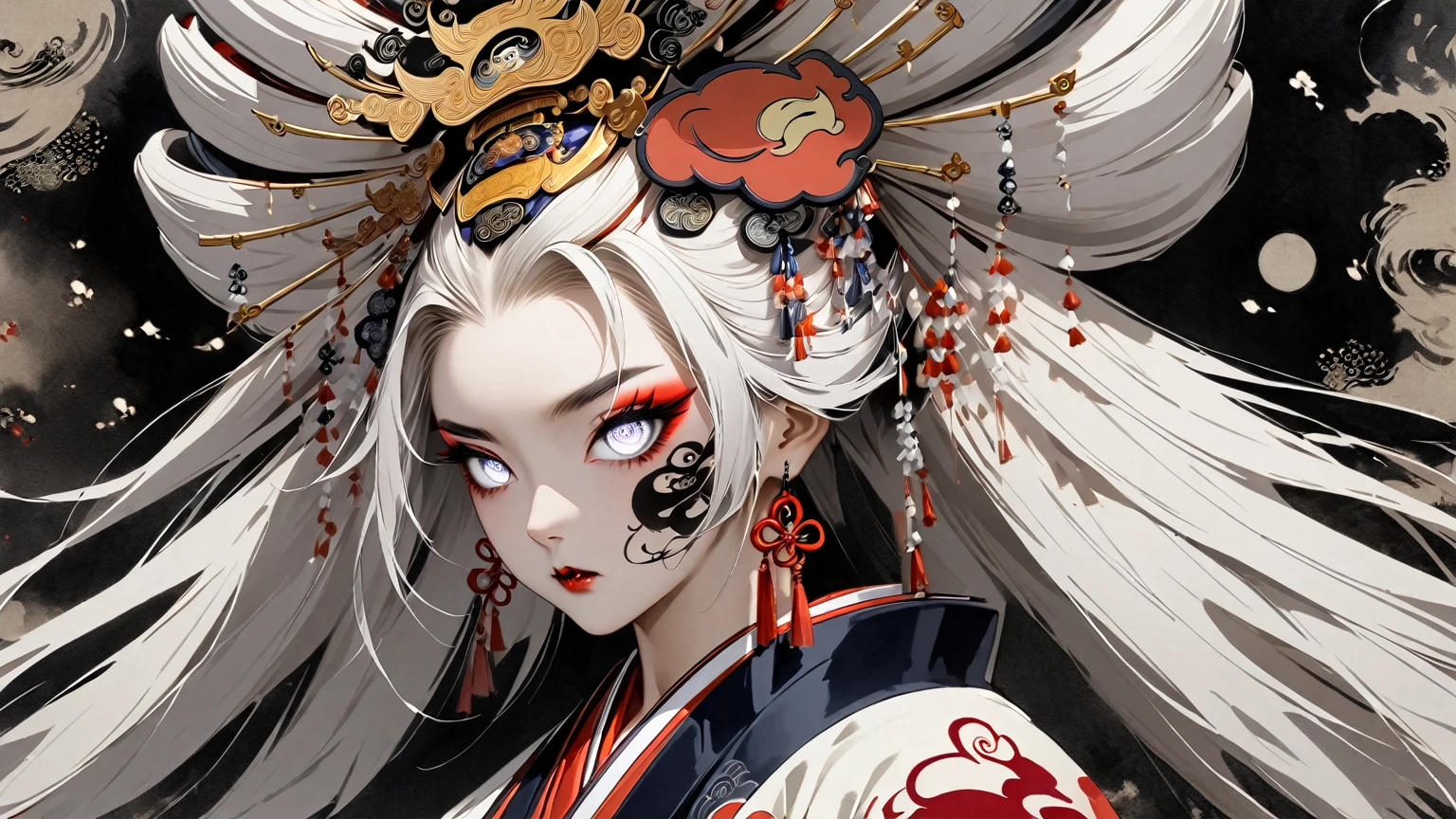 Ink painting, (((1 girl))), (((tattoo on cheek))),(((In the background is the Akatsuki moon))), (((Oiran))), (((Great hair accessories))), Japanese style headphones, Demon possession, (((Wide, sharp white eyes with a slight sheen inside the eye.))), Face up close, Japanese beauty, White hair, Sensitive and precise, Modern Ukiyo-e style