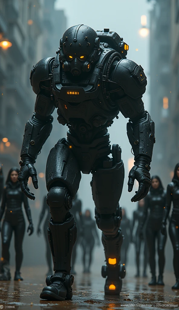 (Highest quality), future, (((Lots of girls))), black exoskeleton asymmetrical suit with backpack, massive hands, Led, Gas mask with angry gargle, holding blade, mechanical, Fine tube, Electronic components, Digital Sculpture, super High resolution, absurdes, Deep shine effect, High resolution, Particles of light, Cinema Lighting, Depth of written boundary, Troopers, looking for viewer, from above,