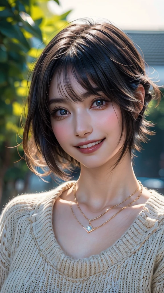 ((Beautiful Face:1.4)), (Purelos Face_v1: 1.0), (Highest quality, 8k, 32K, masterpiece, Ultra-high resolution:1.2),Beautiful Japanese Women Photos, Large Breasts, Very short bob hair,Upper Body,(Extra Large_sweater,:1.2) necklace, Simple Background, Look around,((Natural breasts:1.0)),((smile))