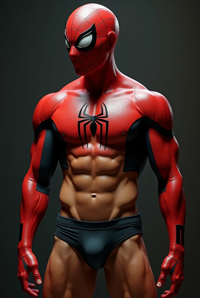 Spiderman shirtless and only in underwear. You can see a huge bulge in his underwear. Your naked body is wonderful and sweaty. He is showing off his sexy body 