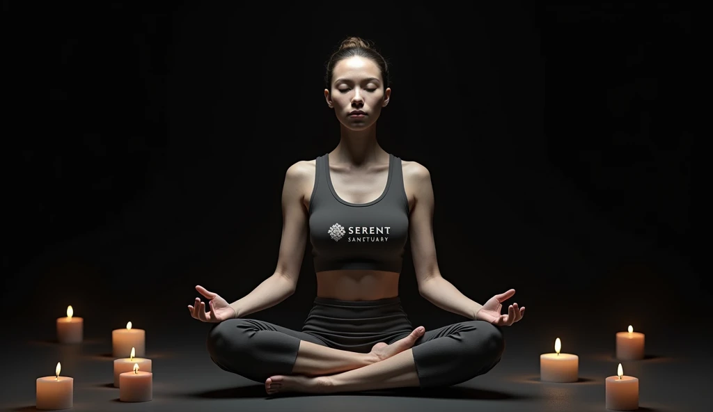 A UHD, high-resolution image of a woman in a meditative yoga pose, sitting in the lotus position (Padmasana) with a serene, focused expression. She is wearing traditional meditation attire with the logo 'Serene Sanctuary' subtly displayed on the garment. The scene features highly detailed, textured skin with accurate, super-detailed rendering, ensuring the highest quality and realism. Her hands are clearly visible, placed on her knees in a meditative gesture. The background is deep black, with soft candlelight subtly illuminating the scene from behind. The overall composition exudes calm and introspection, inspired by Zen meditation and the Hindu stages of meditation, with a style reminiscent of Matija Jama's tranquil and stoic artistic approach，worst quality, low quality, normal quality, lowers, monochrome, grayscales, skin spots, acnes, skin blemishes, age spot, 6 more fingers on one hand, deformity, bad legs, error legs, bad feet, malformed limbs, extra limbs, ugly, poorly drawn hands, poorly drawn feet, poorly drawn face, text, mutilated, extra fingers, mutated hands, mutation, bad anatomy, cloned face, disfigured, fused fingers
