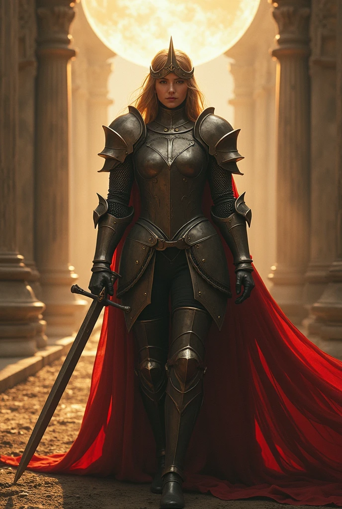 Generate an image where there is a goddess behind a knight