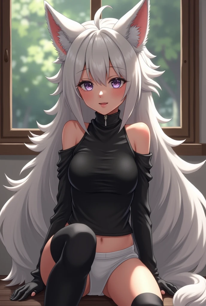 a female furry with wolf cut to the shoulders White fur black long socks to the thighs near the knees and the thighs are going a little out of the socks and black top and white skirk showing a bit of her white underwear and she is sitting