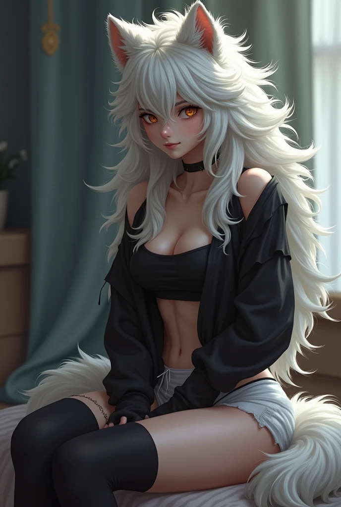 a female furry with wolf cut to the shoulders White fur black long socks to the thighs near the knees and the thighs are going a little out of the socks and black top and white skirk showing a bit of her white underwear and she is sitting