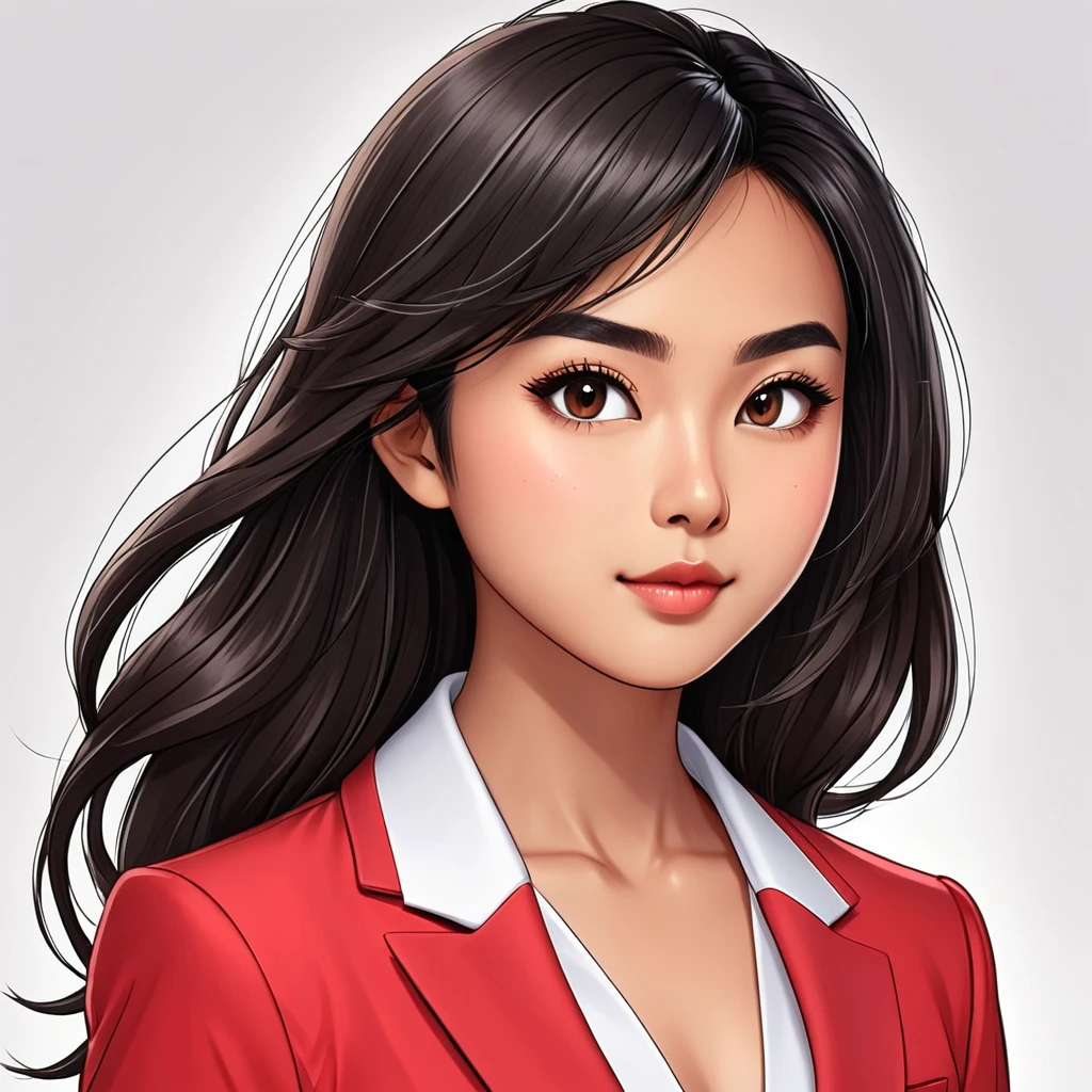 cartoon, vector illustration, no gradient, solid color fill, a beautiful indonesian girl, solo, (1girl:1.9), Long straight Black Hair, Brown Eyes, Almond shaped Eyes, Heart shaped Face, Roman Nose, Olive Skin, detailed skin, imperfect skin, (athletic fit-muscled body:1.2), 8k, highly detailed, soft light, (white background:1.2), (red business suit with skirt:1.5), (looking back:2.1), 