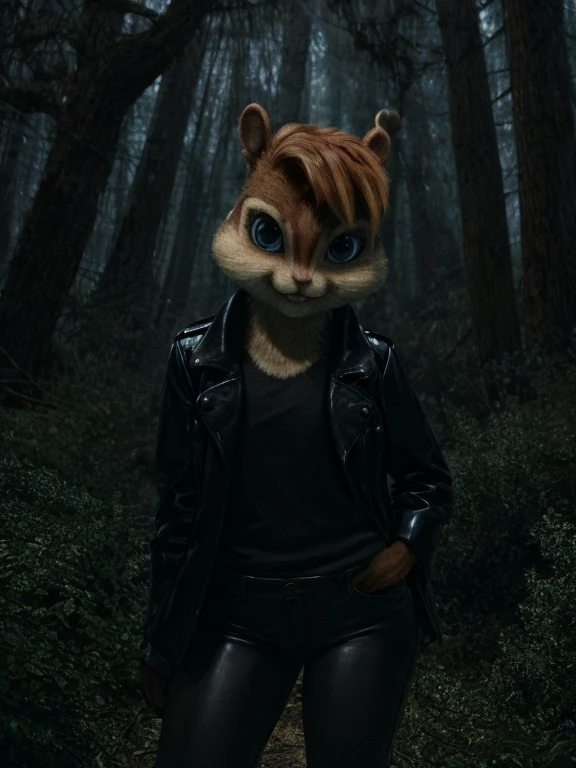 score_9, score_8_up, score_7, score_6, spooky forest, brittany miller, chipmunk, furry, short ears, black shirt, black leather coat, black leather pants, looking at viewer, 6 inches tall