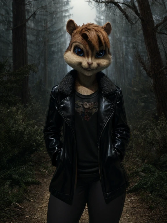 score_9, score_8_up, score_7, score_6, spooky forest, brittany miller, chipmunk, furry, short ears, black shirt, black leather coat, black leather pants, looking at viewer, 6 inches tall