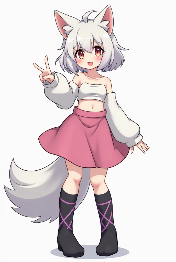 a female furry with white fur with black socks with purple lines and with a pink skirt with a white top showing a bit of her underwear and her hair with wold cut to the shoulders