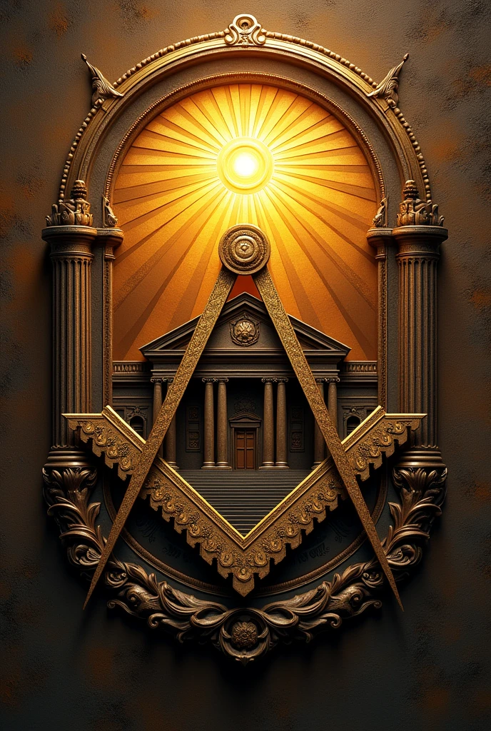 masonic crest, containing: lodge, sun.