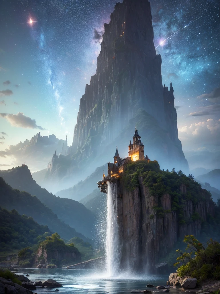 (8k, highest quality, masterpiece, final fantasy style: 1.2), (unRealistic, photoRealistic: 1.37), Dreamy landscape, Fantasy, Unsurreal landscapes, Super detailed, Flying Castle, Floating Island in the Sky, Seven-colored swirl of light, Intense lightning, milky way, Complex Light, Colored light, Large Lake, Starry sky reflected on the lake surface, Countless shining stars, Meteors,  Reflections , (A pillar of light emanated from the ground:1,2), roses and orchids gardens , sunset, pink clouds, waterfalls in the sky, realistic style, Hyperrealism drawing, a flying pirate spaceship floating at the clouds level, burning skyscrapers, cyborgs, timeless realms, stunning  princess  , floating hair, pink lipstick, cute, naked shoulders ,  casting spell, healing light magic effect, in a magical lagoon of the fairyland, crystal clear water surface reflections, sharp focus, looking at viewer, (close-up:0.9), (bright white theme:1.2), (bright white tone:1.2), (deep blue tone:1.3), realistic, Hyperrealism,vivid colours