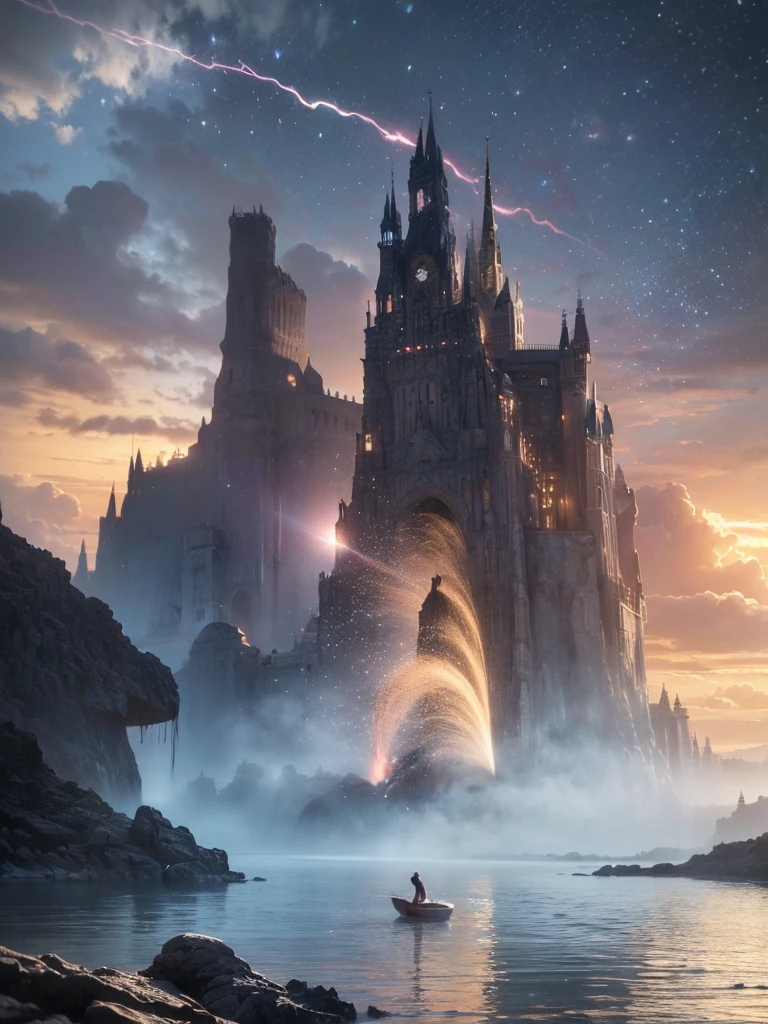 (8k, highest quality, masterpiece, final fantasy style: 1.2), (unRealistic, photoRealistic: 1.37), Dreamy landscape, Fantasy, Unsurreal landscapes, Super detailed, Flying Castle, Floating Island in the Sky, Seven-colored swirl of light, Intense lightning, milky way, Complex Light, Colored light, Large Lake, Starry sky reflected on the lake surface, Countless shining stars, Meteors, Reflections , (A pillar of light emanated from the ground:1,2), roses and orchids gardens , sunset, pink clouds, waterfalls in the sky, realistic style, Hyperrealism drawing, a flying pirate spaceship floating at the clouds level, burning skyscrapers, cyborgs, timeless realms, stunning princess , floating hair, pink lipstick, cute, naked shoulders , casting spell, healing light magic effect, in a magical lagoon of the fairyland, crystal clear water surface reflections, sharp focus, looking at viewer, (close-up:0.9), (bright white theme:1.2), (bright white tone:1.2), (deep blue tone:1.3), realistic, Hyperrealism,vivid colours