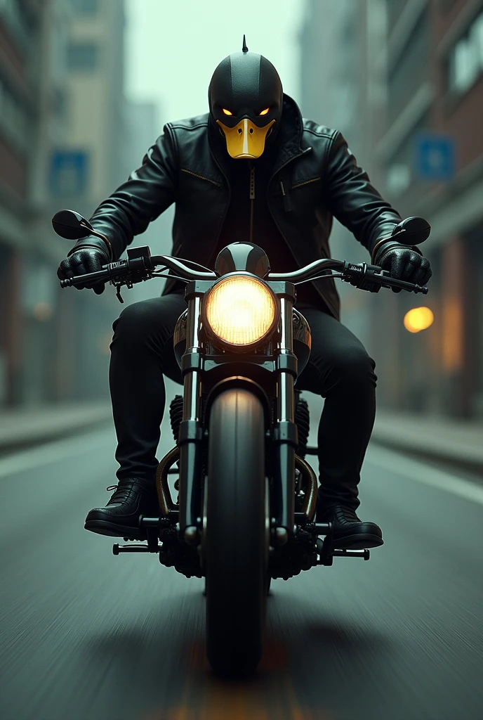 A dark black biker with a duck head, high speed