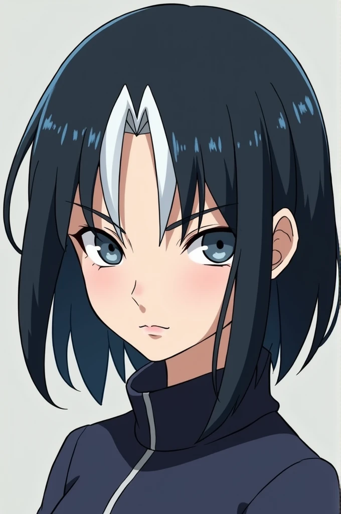 An anime style photo of Naruto A Woman with short hair,Black color with white highlights and a few blue ones,Gray eyes and serious look