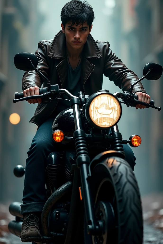 a boy on a motorcycle, a beautiful black motorcycle and a leather jacket, a captivating smile, like something out of a dark romance novel