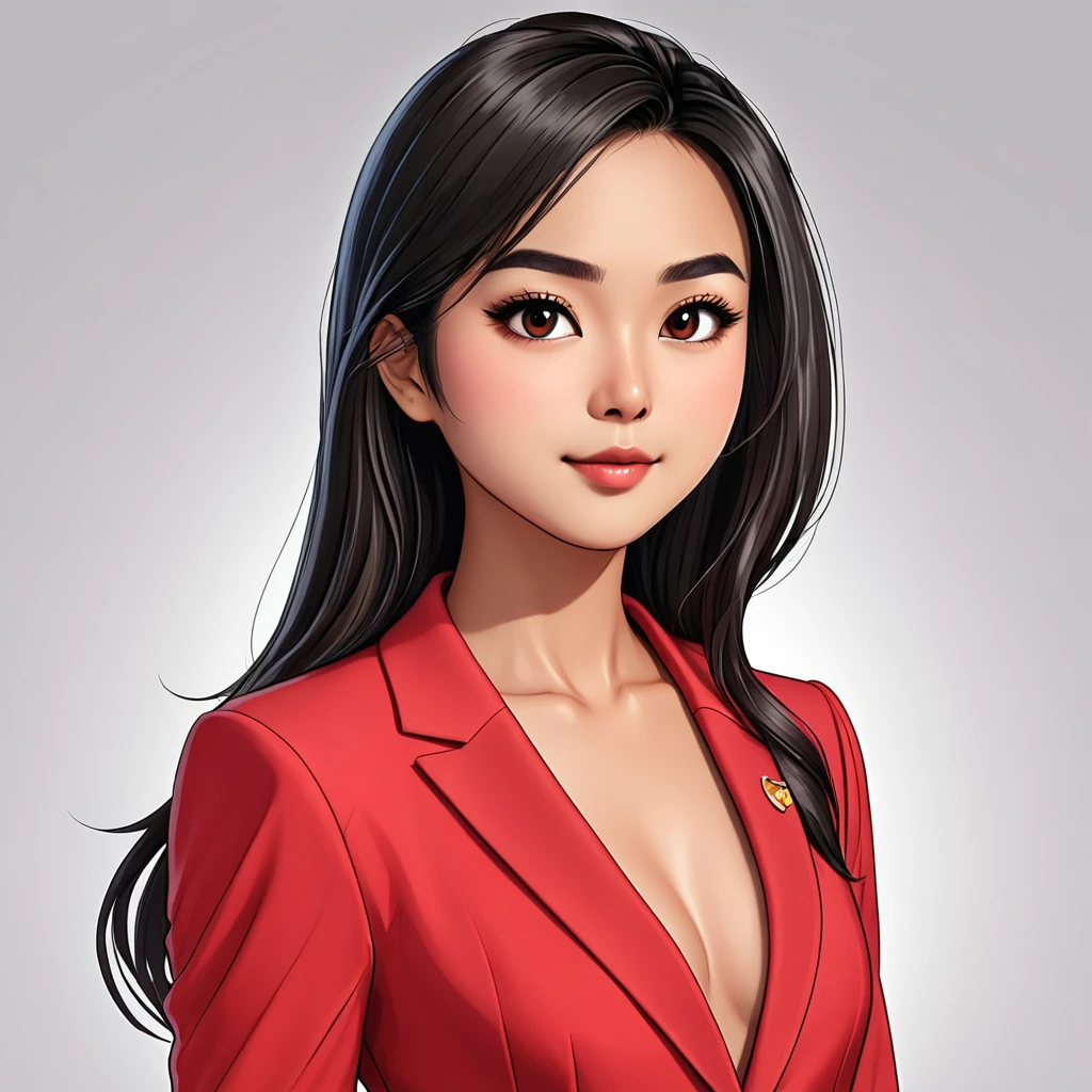 cartoon, vector illustration, no gradient, solid color fill, a beautiful indonesian girl, solo, (1girl:1.9), Long straight Black Hair, Brown Eyes, Almond shaped Eyes, Heart shaped Face, Roman Nose, Olive Skin, detailed skin, imperfect skin, (athletic fit-muscled body:1.2), 8k, highly detailed, soft light, (white background:1.2), (red business suit with skirt:1.5), (looking back over shoulder:2.1),