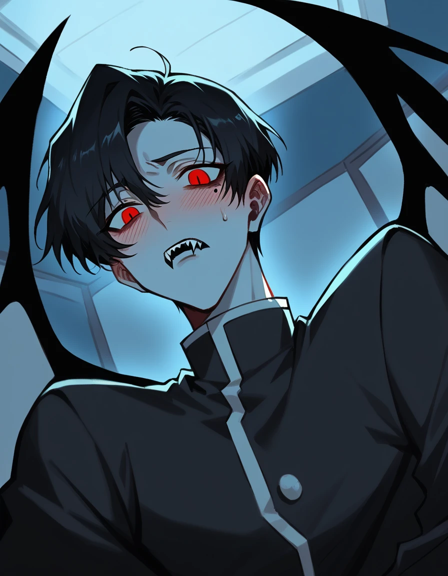 boy, vampyre, light gray skin, fluorescent red eyes, sharp fangs, slightly melancholic expression, mole below the right eye, big strip, short black hair, completely black wings, All black outfit with long sleeves and the inside of the sleeve is red, sharp fingernails. He is in a simple, poorly lit room., your arms seem to hold the camera, olhar de Grievingza e rosto corado, flushed and red cheeks and nose, in front of him is the bed and behind him is an open door. Dark environment with illuminated door. The character is on top of the camera. Bedroom bad ilumined. Close-up. FULL HD image. Bottom image, low angle, câmera abaixo do vampyre. Arms resting on you, over you. Tear runs from left eye, unhappy face, Grieving