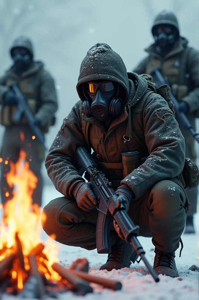 A soldier in a black gas mask that covers his entire face sits by a fire with an AK-74 (It's snowing outside) behind him are 3 of the same soldiers