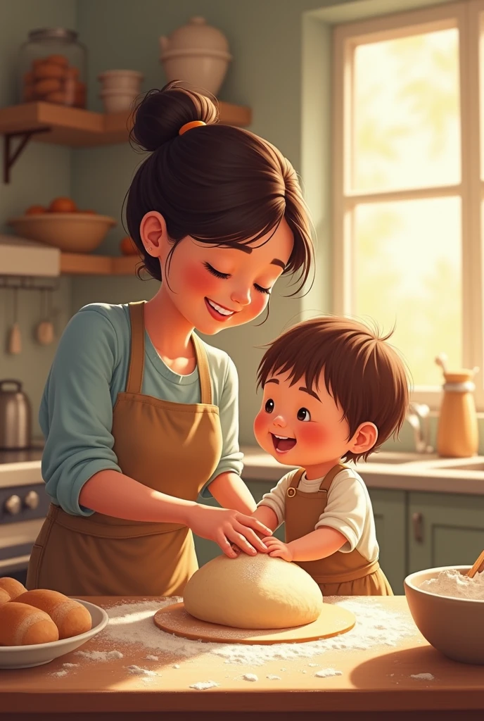 mama girl (mayor ) child (SMALLER )playing making bread